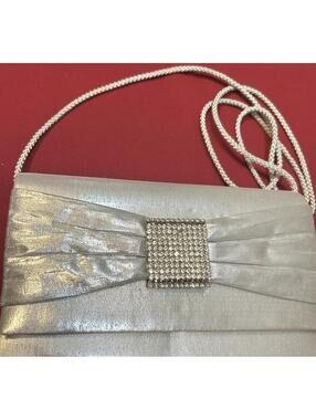 Silver Satin Rhinestone Clutch Purse Vintage Evening Bag Formal Wedding Prom Bag